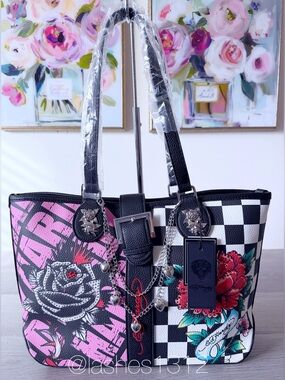 ED HARDY Bag Taika Large Tote - Black Checkerboard Roses